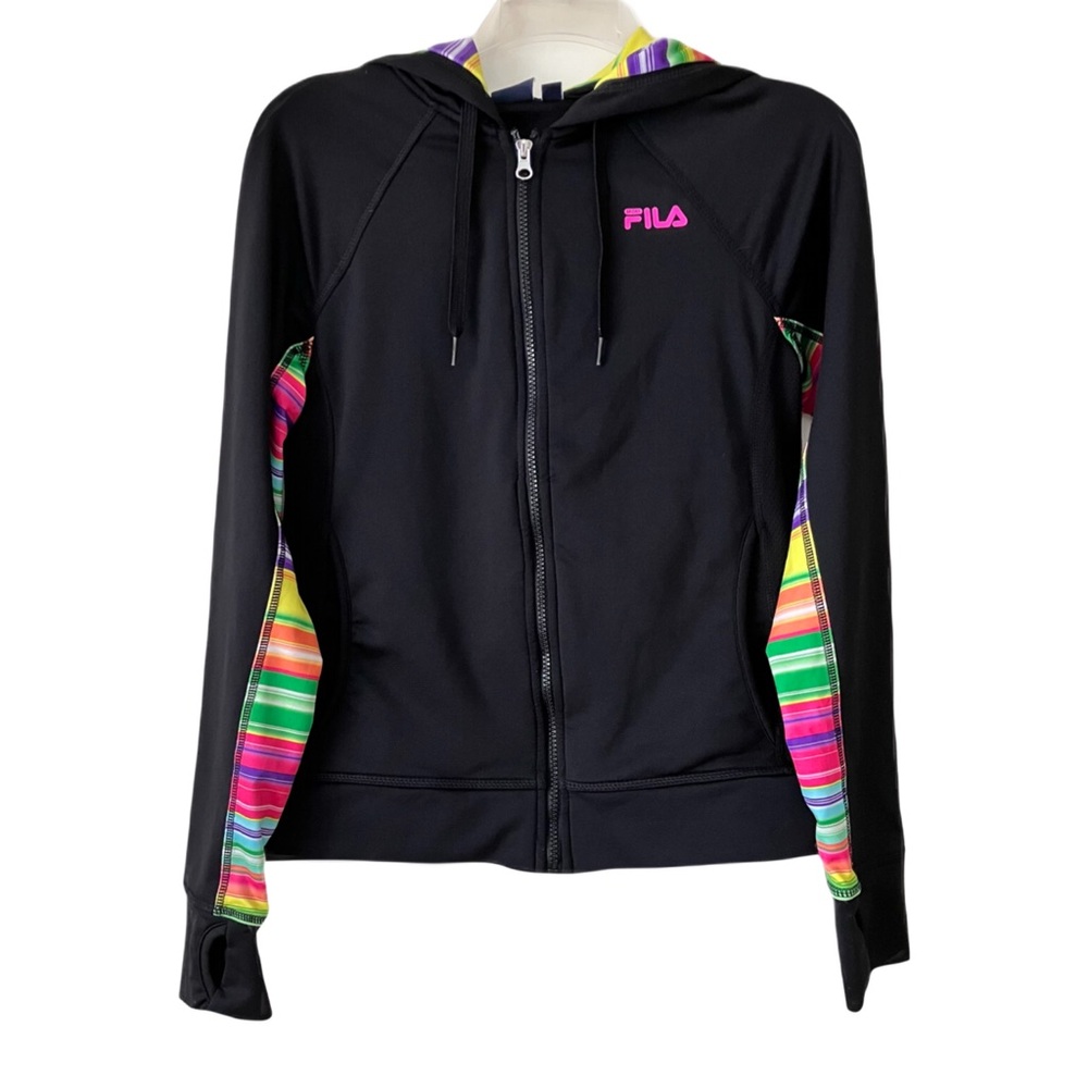 Fila Sport Zip Up Sweatshirt, Sz. M, Black w/ Rainbow Stripes